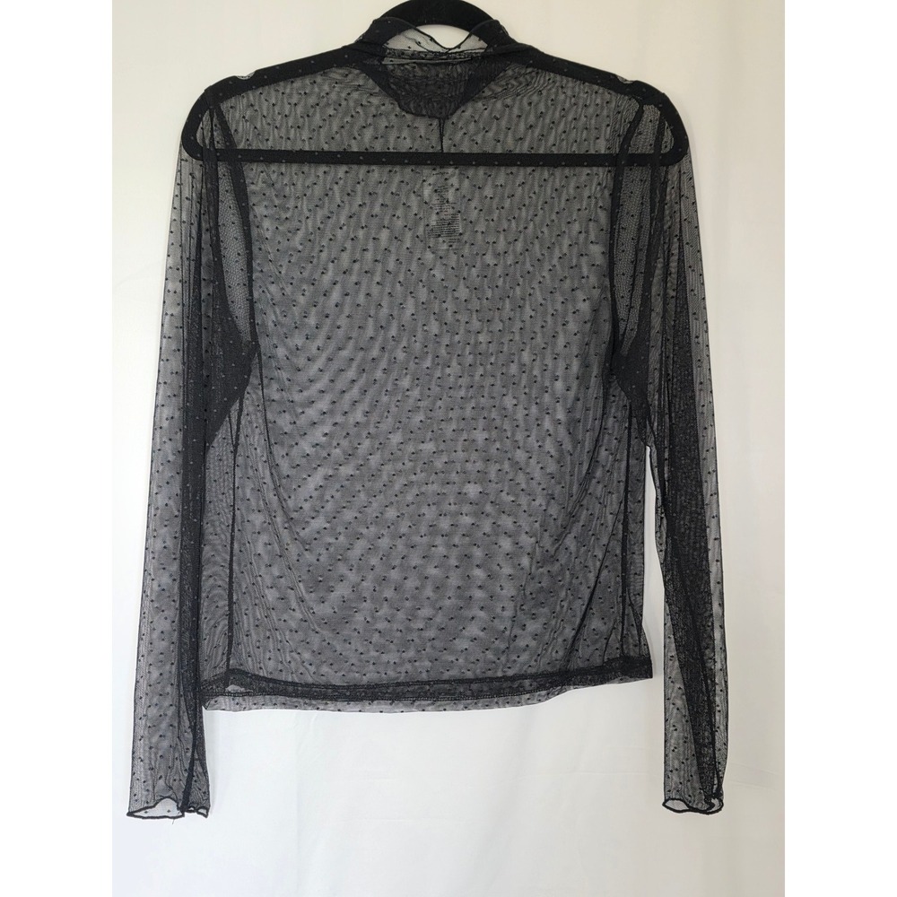 Serra Sheer Mesh Black Mini Dot Print Mock Neck Long Sleeve Top Large Rave NEW